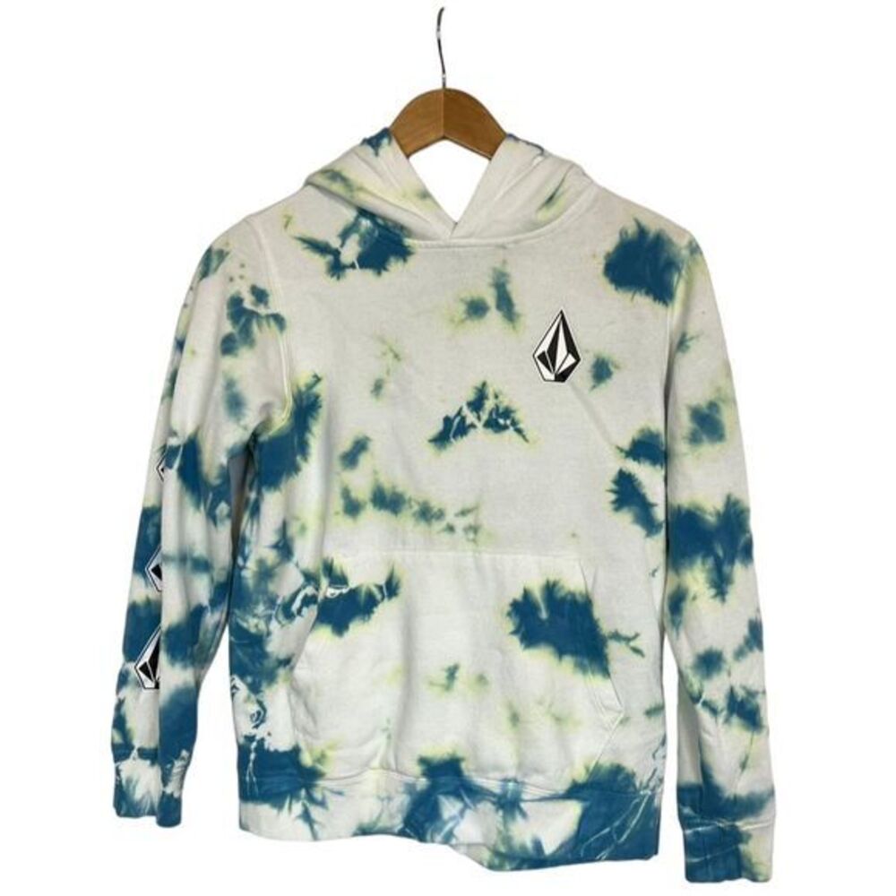 Volcom Teens L Blue Tie-Dye Fleece Hoodie Pullover Black Logo Fashion Casual